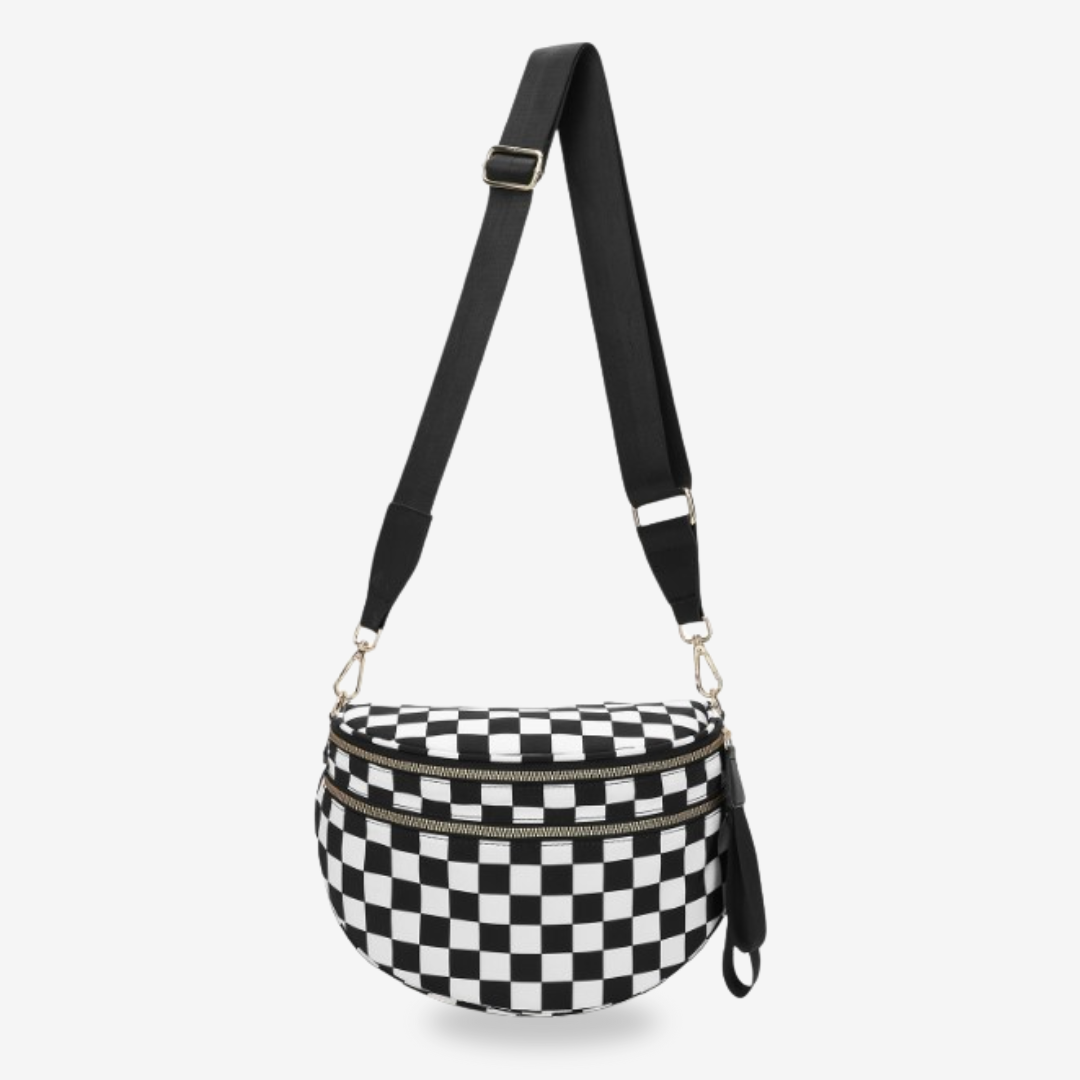 Dionne crossbody bag in black and white checkered print, front view