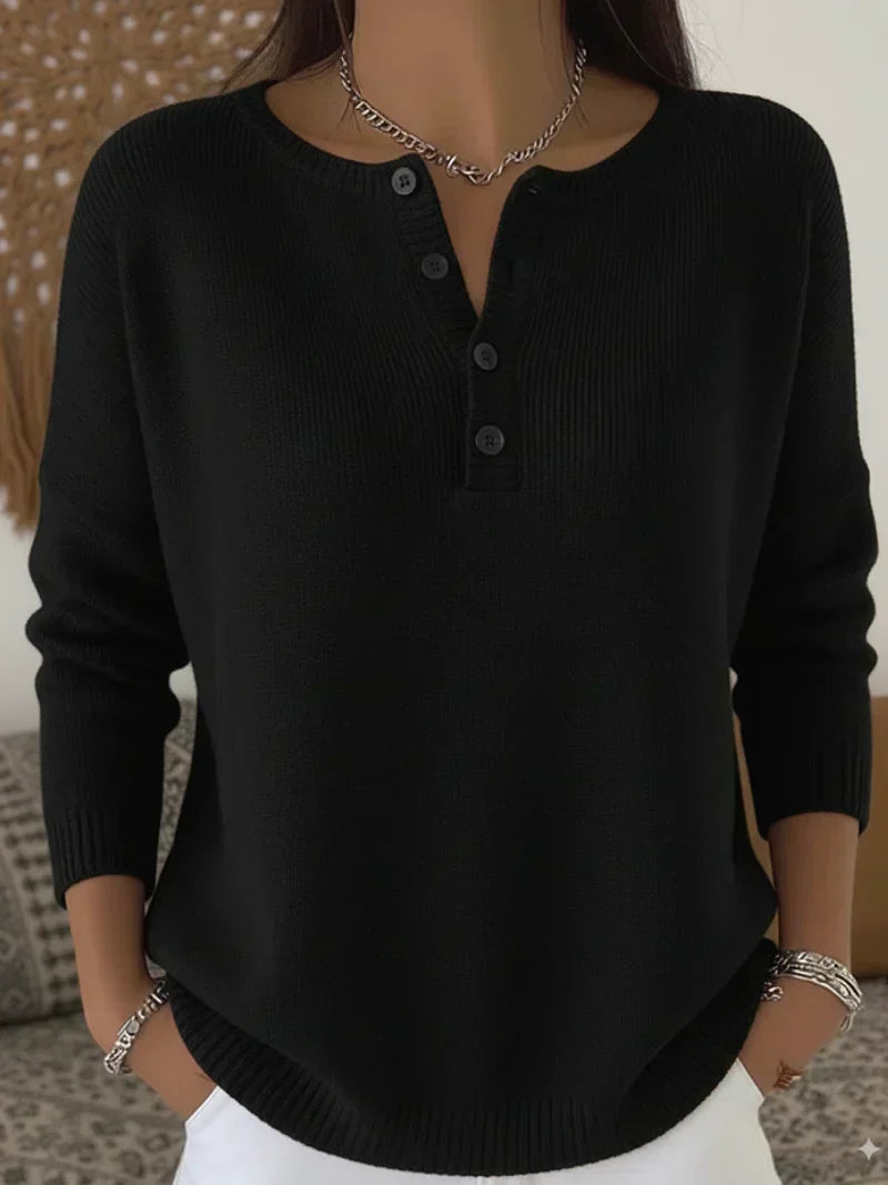 Helena henley-button knit jumper in black, front view