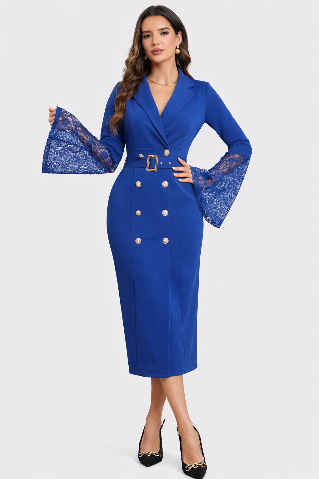 LIORA™ | Belted Lace-Sleeve Midi Dress