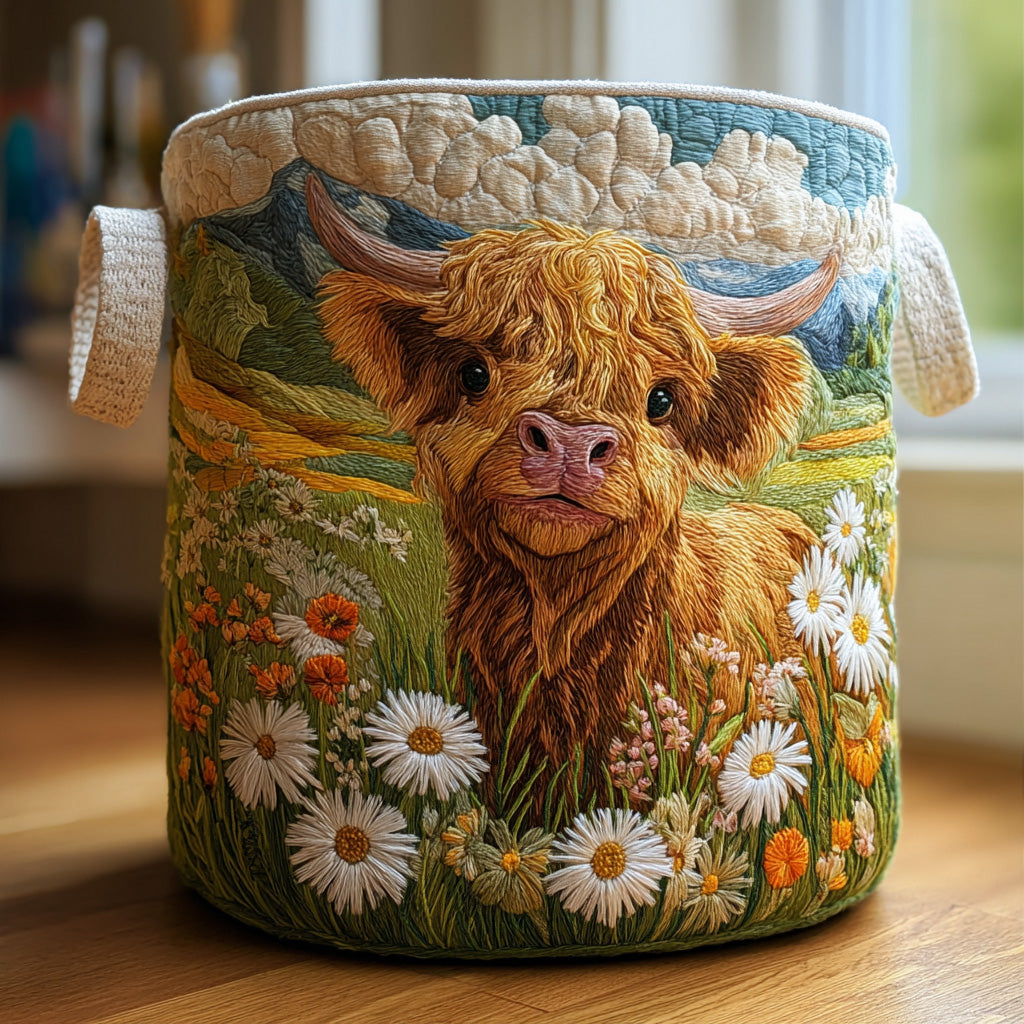 Fiorenza hand-quilted laundry basket with Highland cow and daisy meadow design