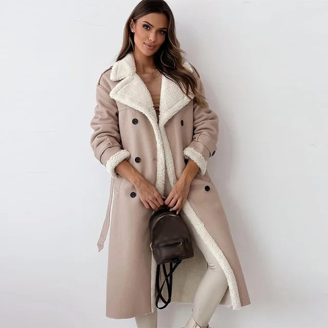 Thalissa long trench coat in apricot, full-length front view