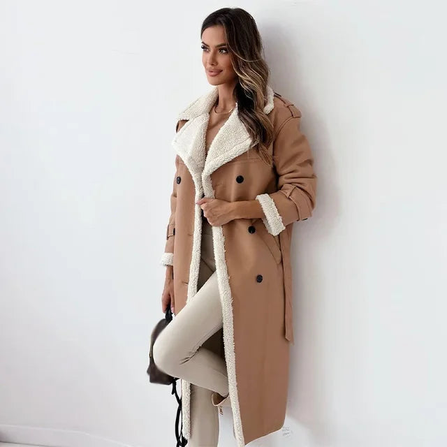 Thalissa long trench coat in khaki with belt, side view