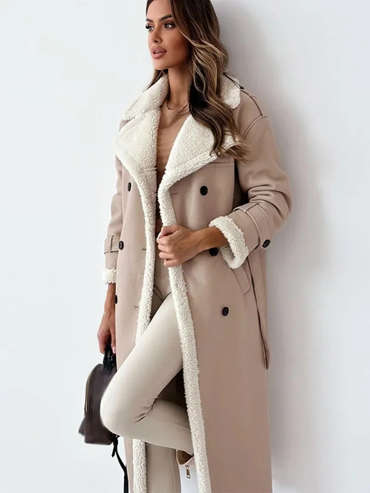 Thalissa long trench coat in khaki, three-quarter view
