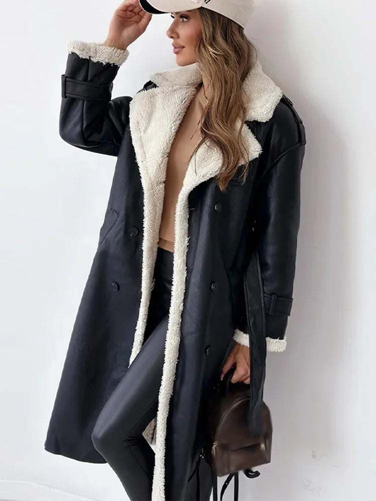 Thalissa long trench coat in black with cream teddy collar, side view