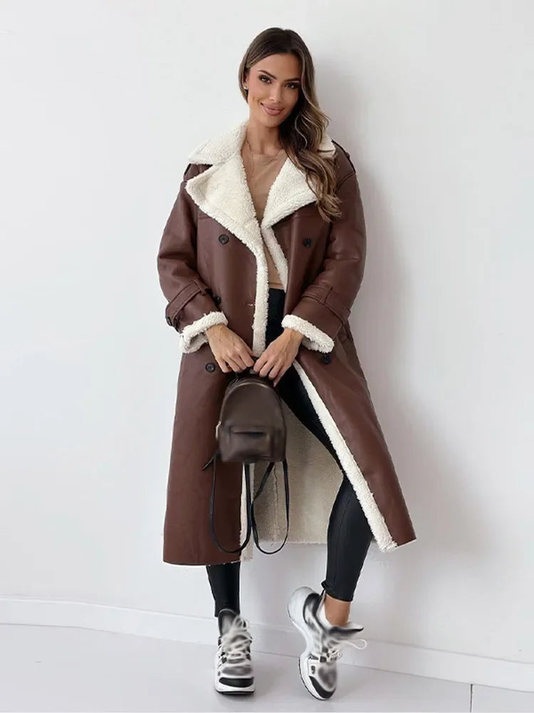 Thalissa long trench coat in brown with cream lapels, full-length view