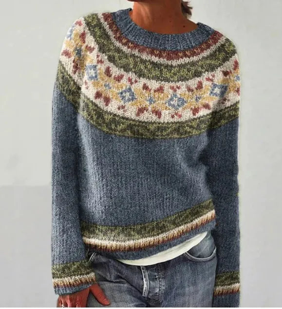Aurielle vintage knit sweater in blue with folk patterned yoke, front view