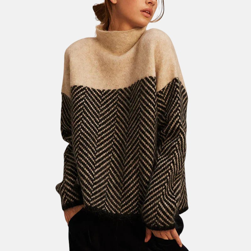 Kryana elegant sweater in beige and black herringbone, front view