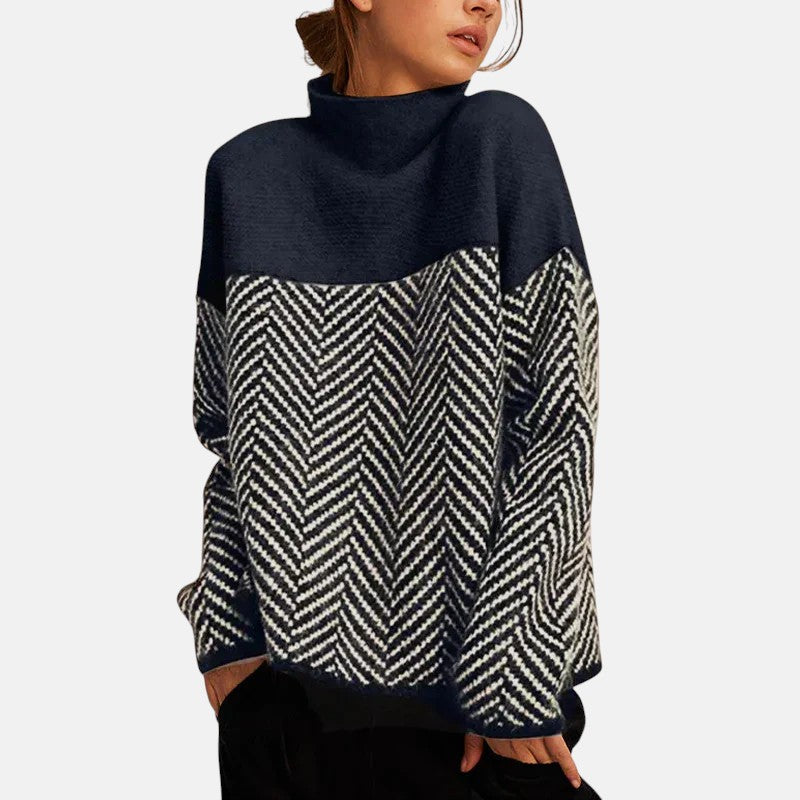 Kryana elegant sweater in navy blue and cream herringbone, front view