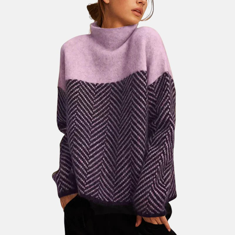 Kryana elegant sweater in purple herringbone knit, front view