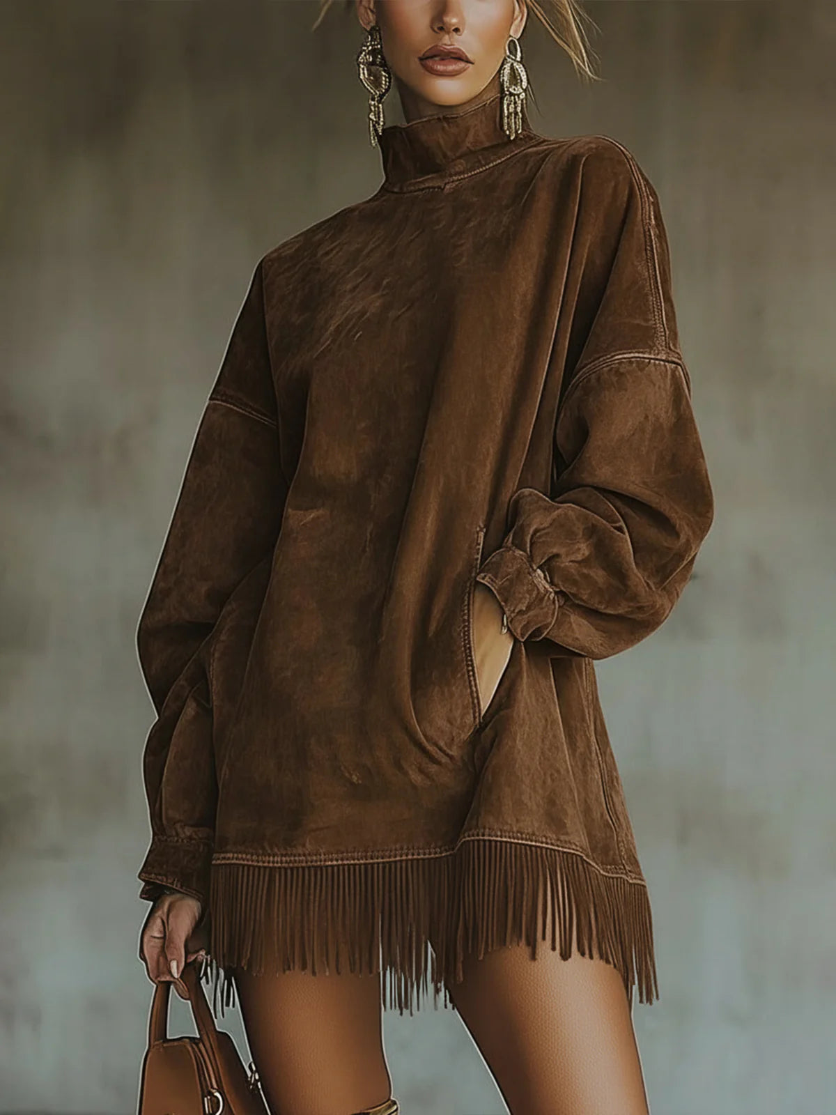 Sheril fringe mini dress in brown, full front view on model