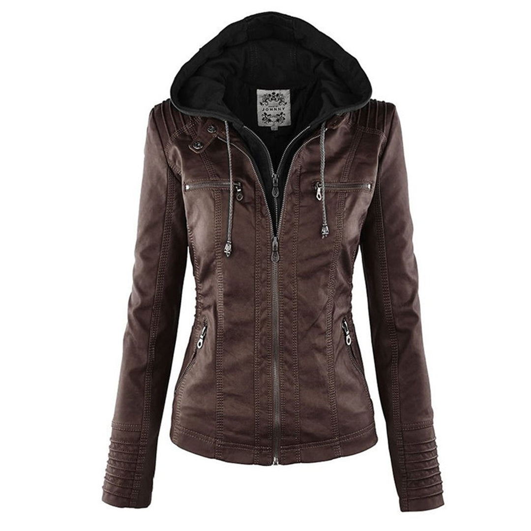 Cynthia hooded biker jacket in dark brown with black hood, front view