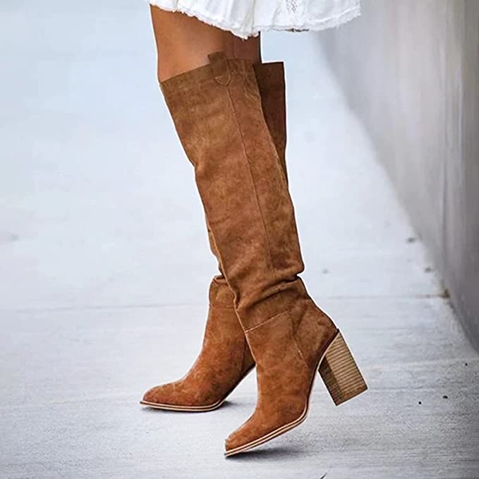 Fern knee-high boots in brown, side view with pointed toe