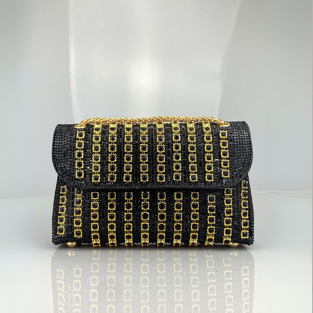 Klaudia chain diamond shoulder bag in black and gold, front view