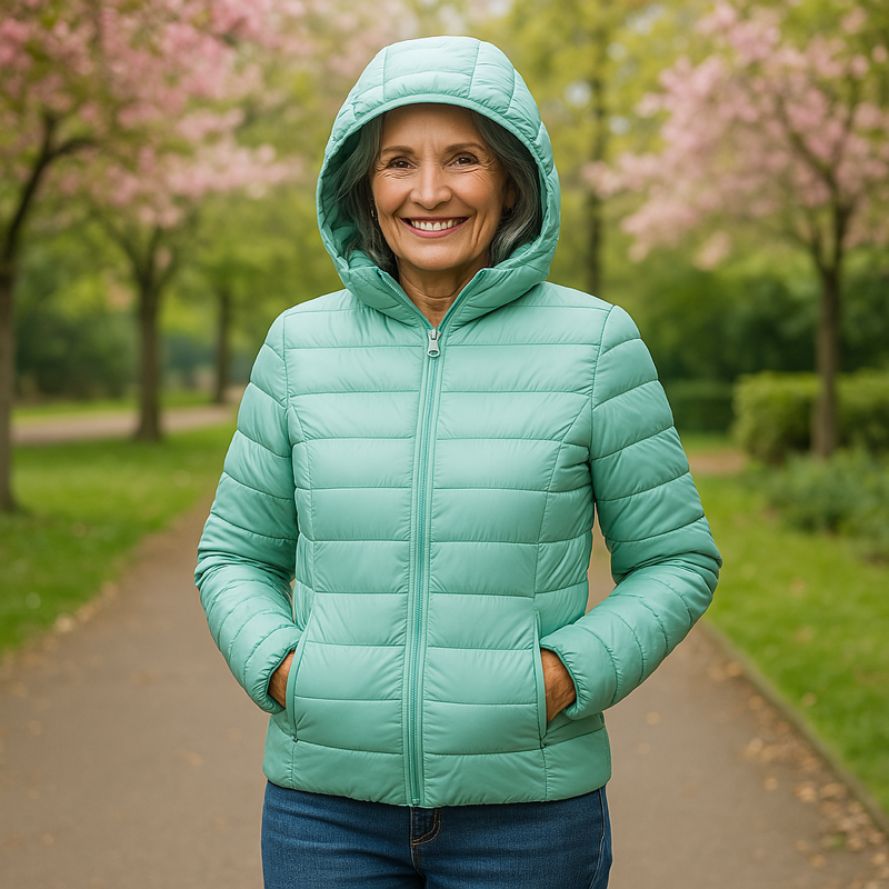 Metta transitional padded jacket in mint green, hooded front view on model