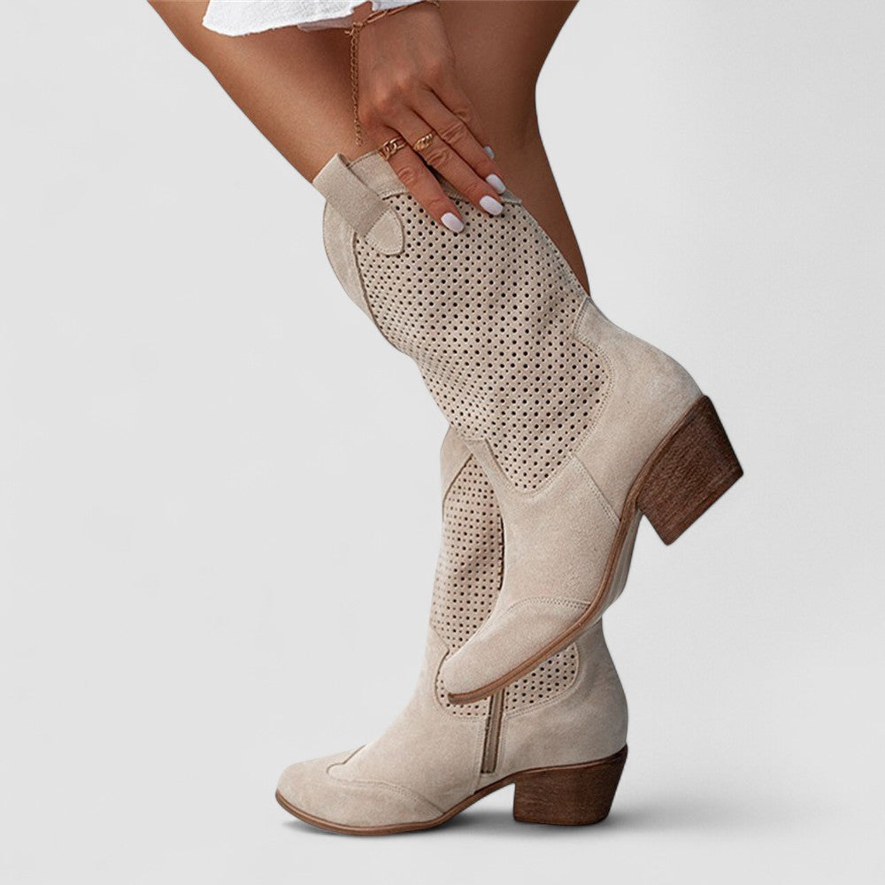 Quinn perforated Western boots in beige, side view with block heel