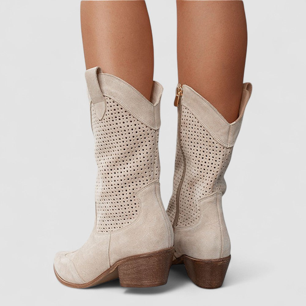 Quinn perforated Western boots in beige, back view with side zip