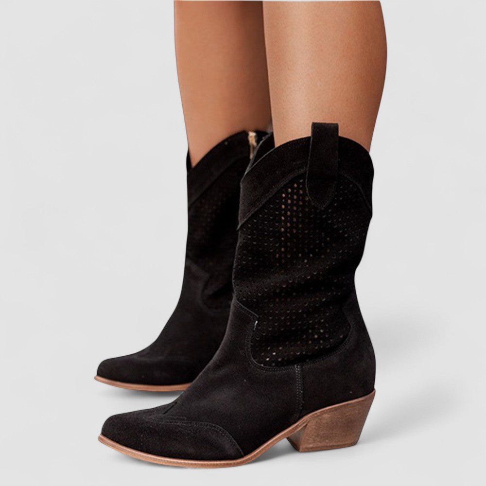Quinn perforated Western boots in black, worn front view