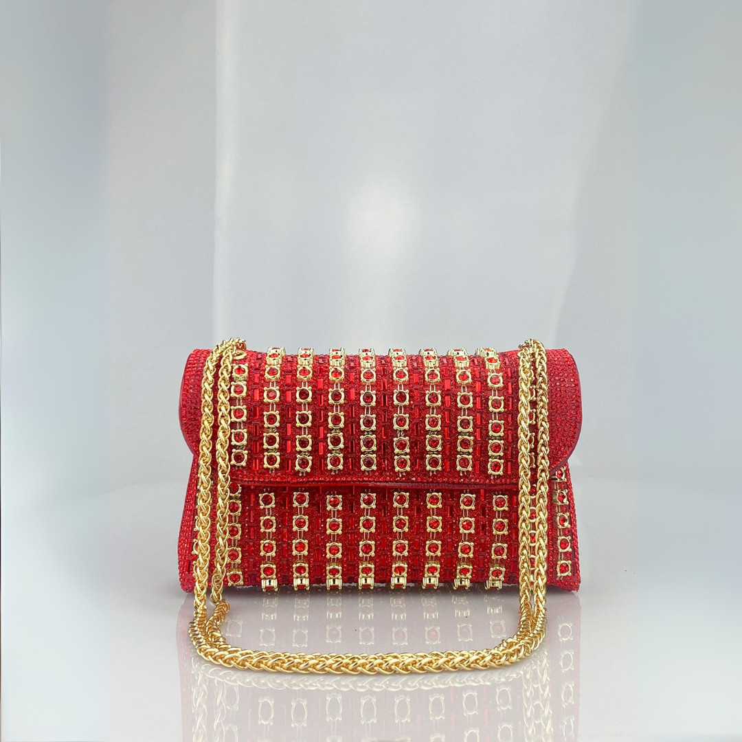 Klaudia chain diamond shoulder bag in red with gold chain strap