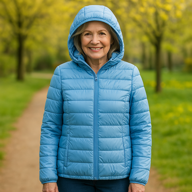 Metta transitional jacket in baby blue, hood up, full front view