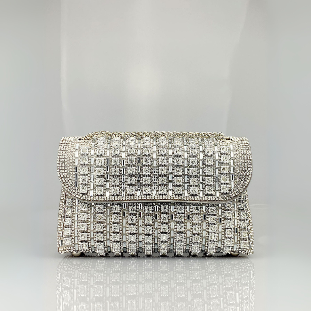 Klaudia chain diamond shoulder bag in silver, front view