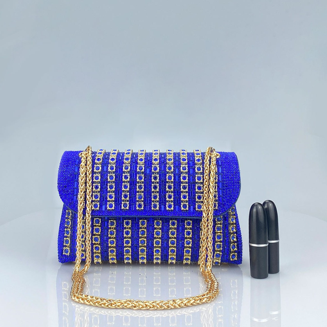 Klaudia chain diamond shoulder bag in blue with gold chain strap