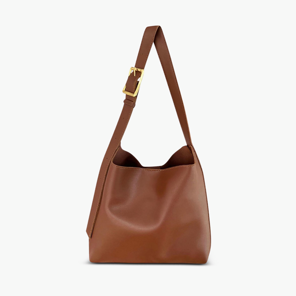 Isolde shoulder bag in brown, front view with gold buckle strap