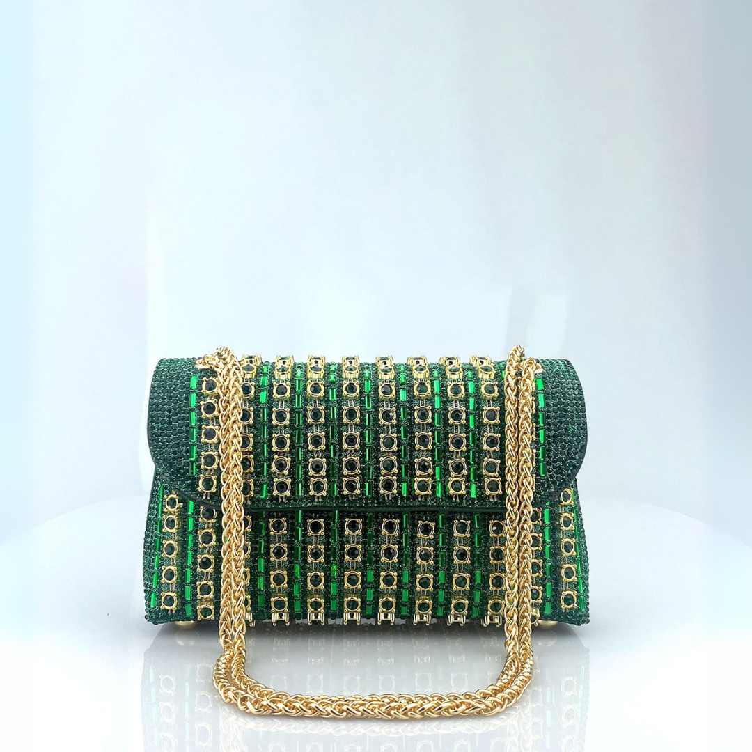 Klaudia chain diamond shoulder bag in green with gold chain strap