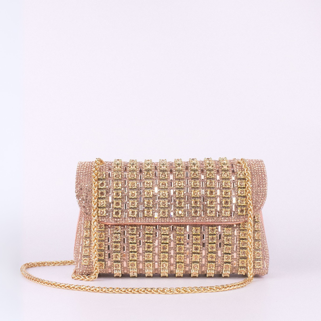 Klaudia chain diamond shoulder bag in pink with gold chain strap