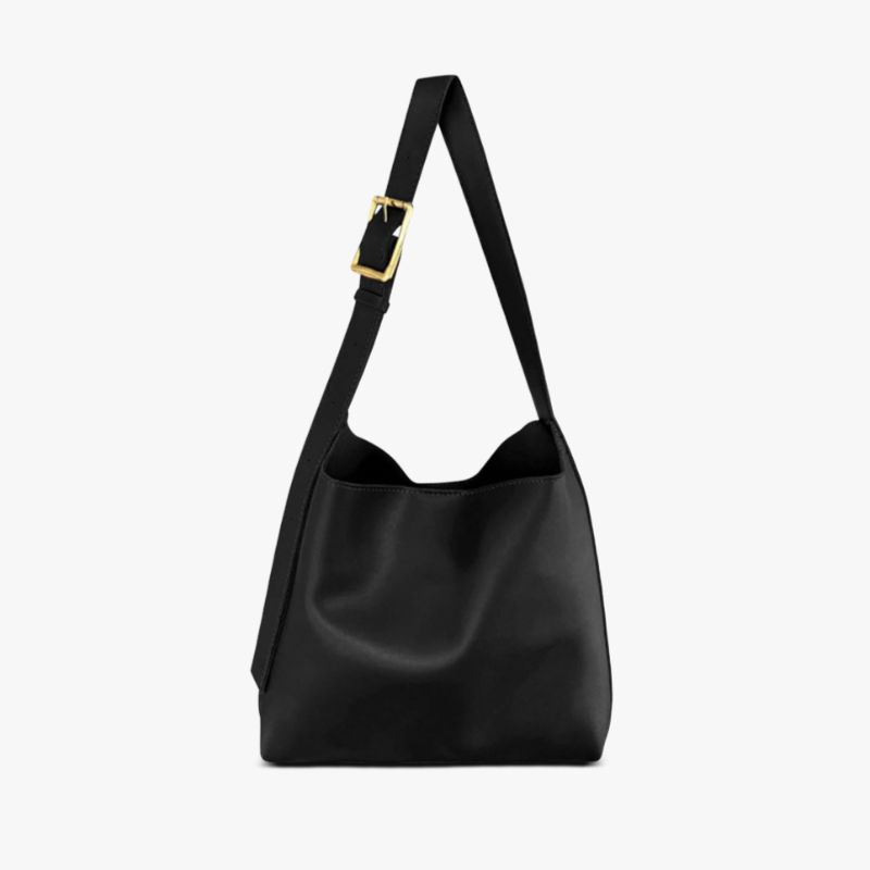Isolde shoulder bag in black, front view with gold buckle strap