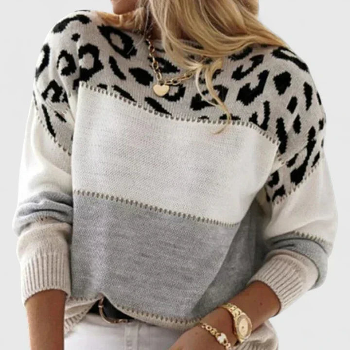 Marizelina leopard sweater in grey, three-quarter front view