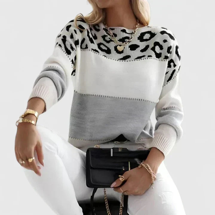 Marizelina leopard colour-block sweater in grey, front view