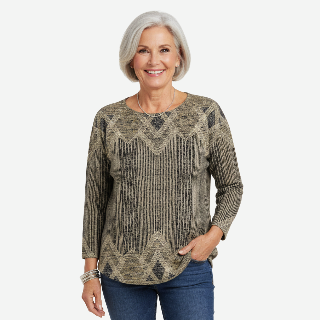 Aunea sweater in gold and charcoal multi worn with jeans, front view