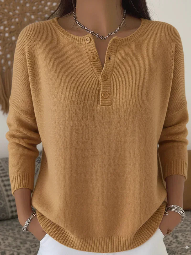 Helena henley-button knit jumper in camel, front view