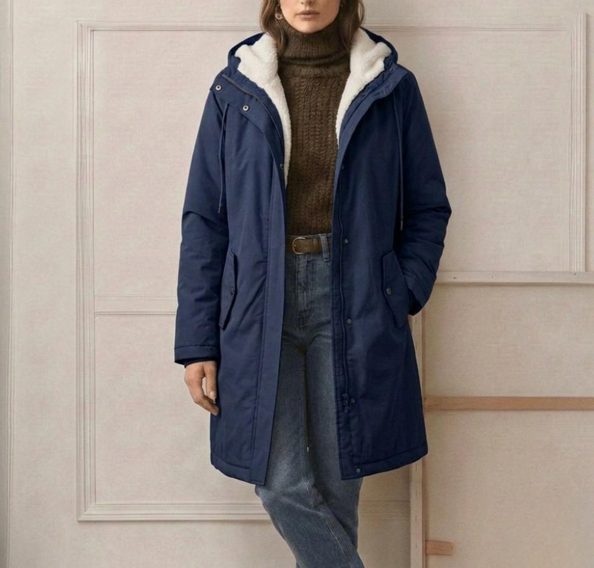 Marjorie hooded coat in midnight navy worn with jeans and a knit