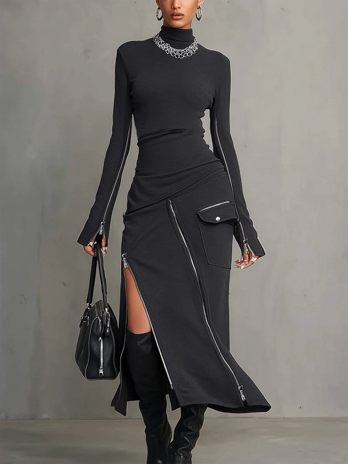 Elena high-neck zipper pocket set in dark grey, full-length front view