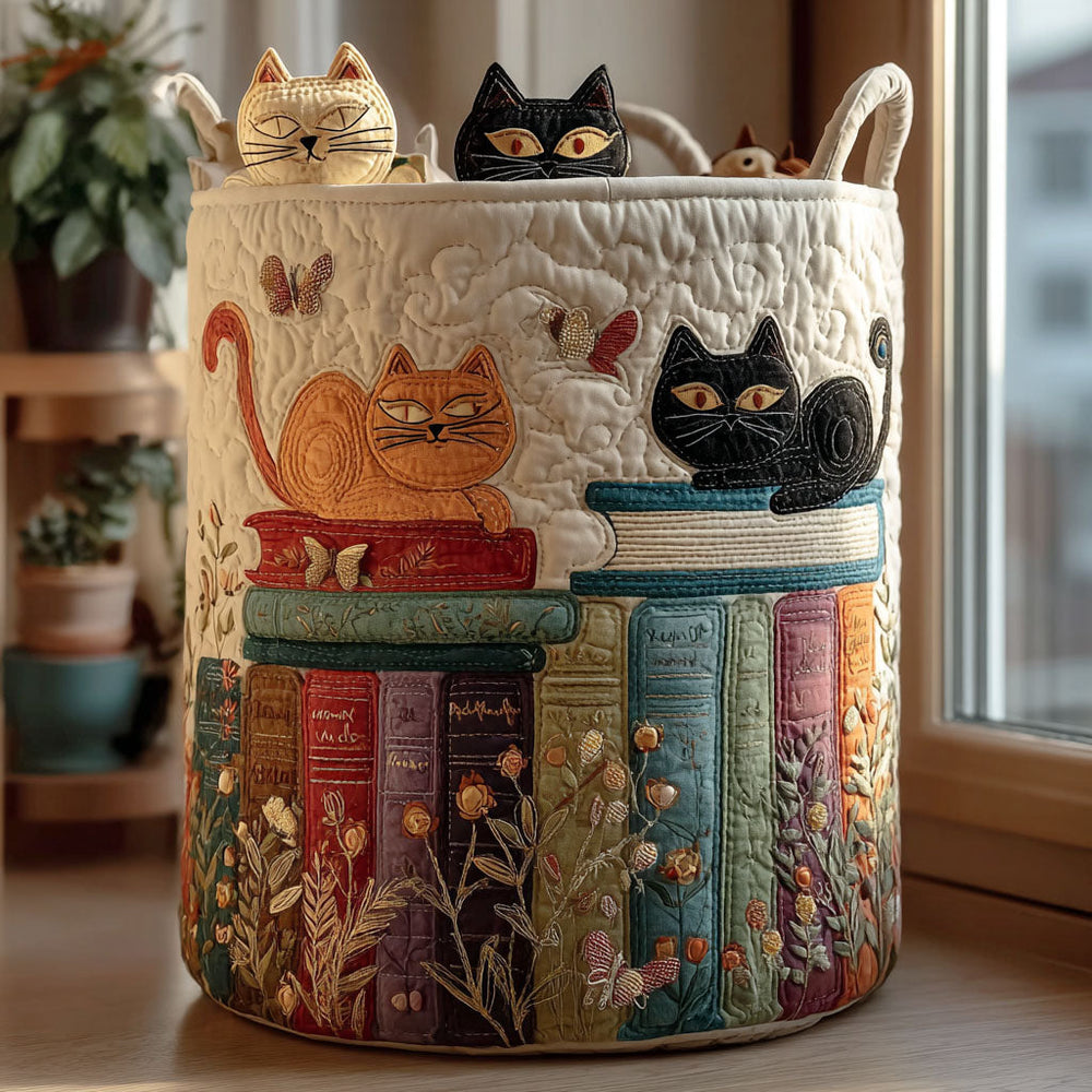 Paola hand-quilted laundry basket with embroidered cats and books, cream