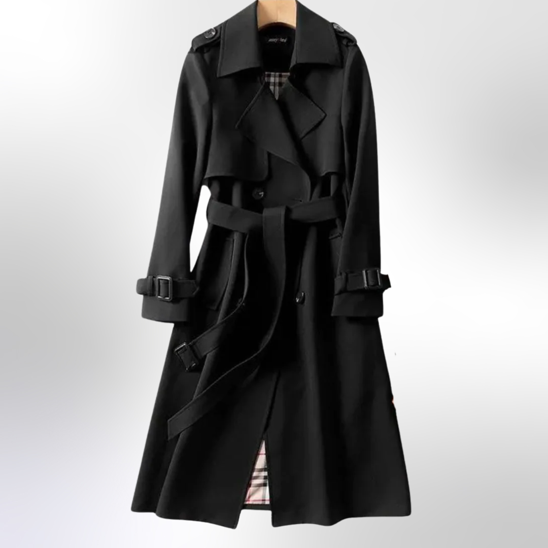 Celindra premium trench coat in black, front view