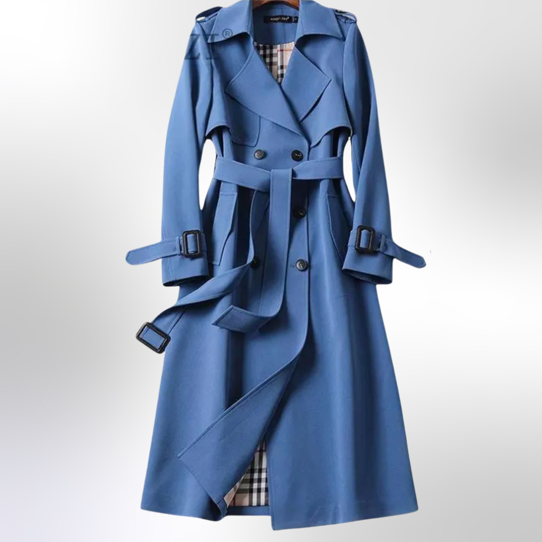 Celindra premium trench coat in blue, front view with buckled sleeve tabs
