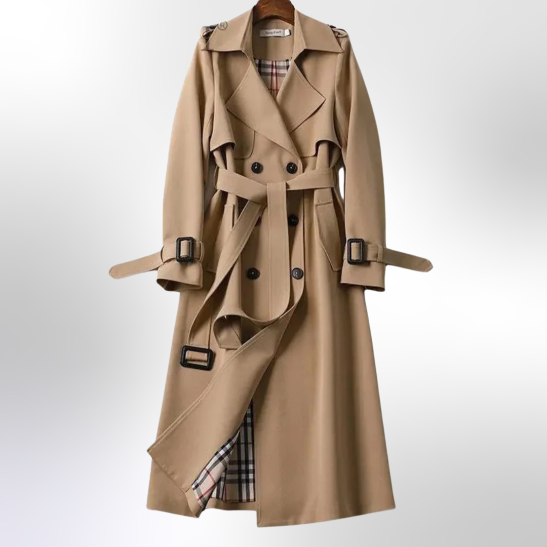 Celindra premium trench coat in khaki, front view with tie belt