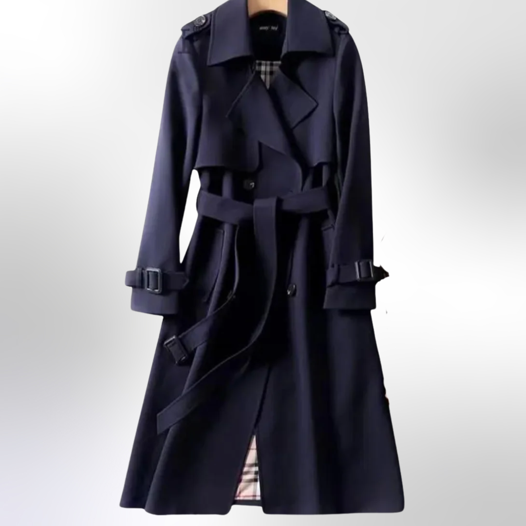 Celindra premium trench coat in navy, front view
