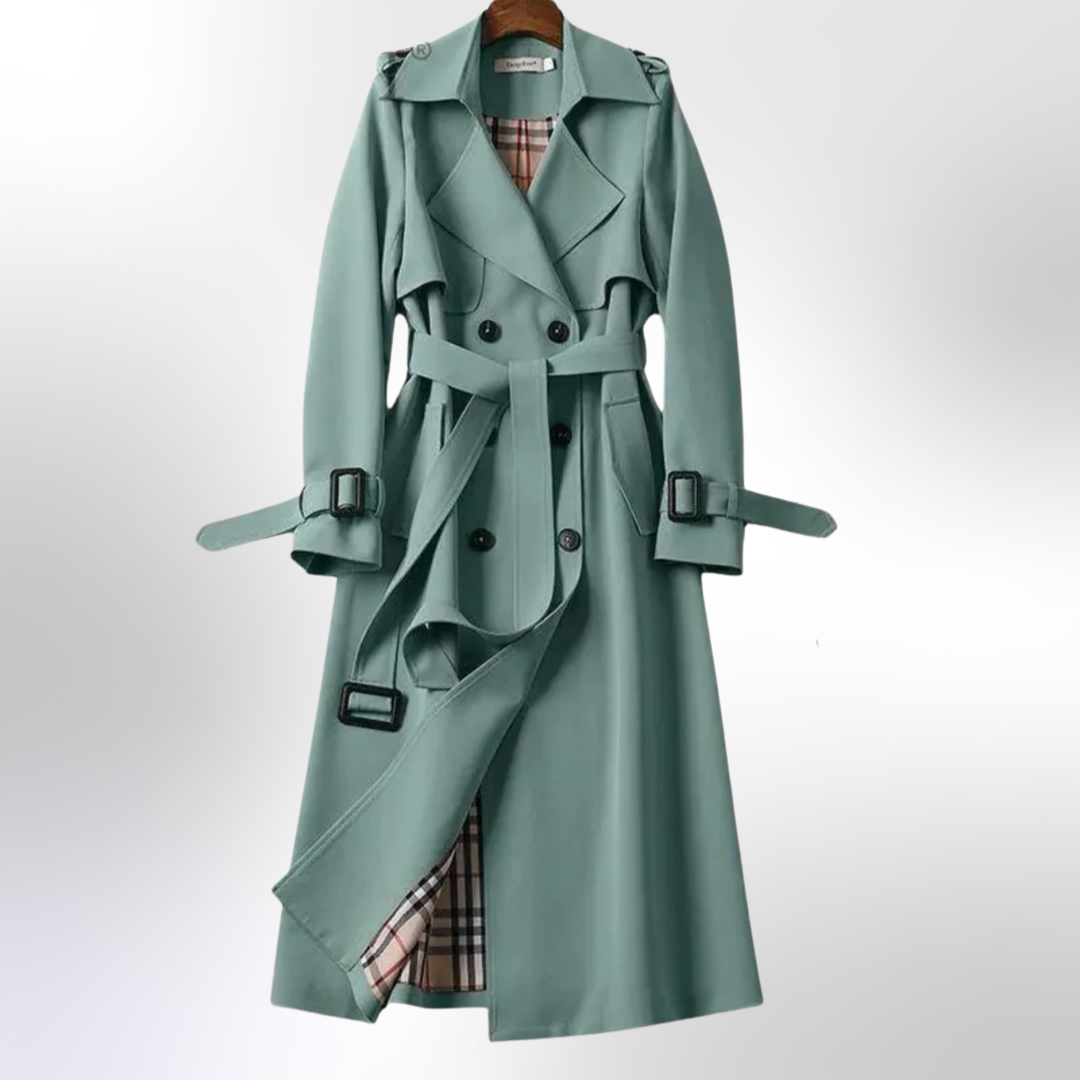Celindra premium trench coat in green, front view