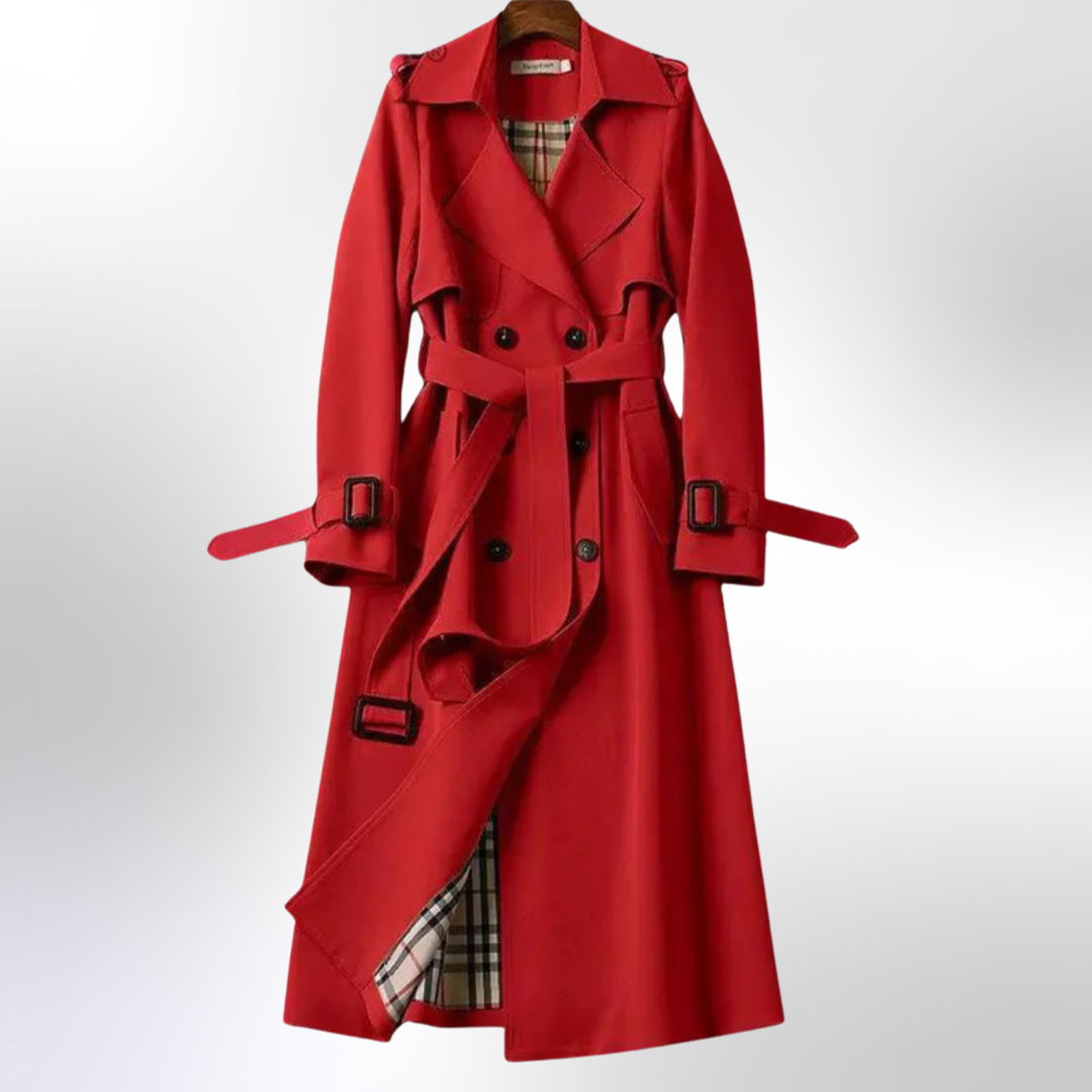 Celindra premium trench coat in red, front view with tartan lining