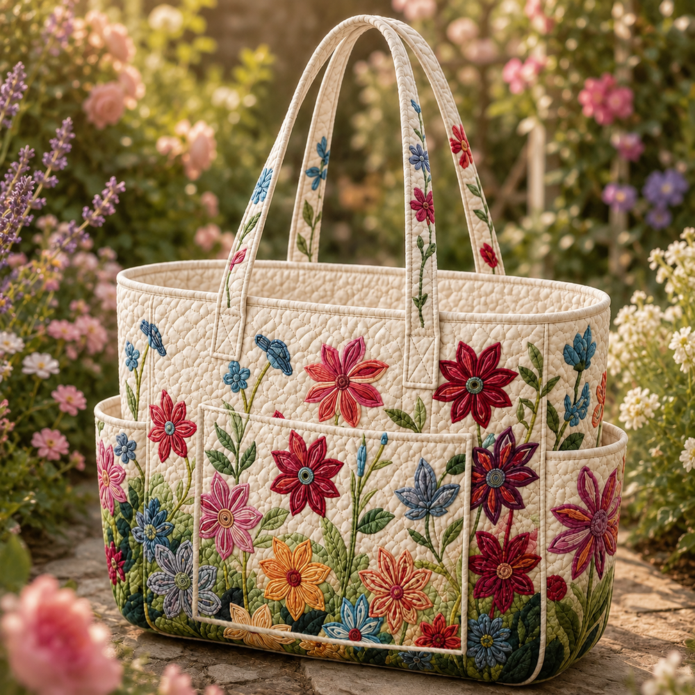 Estelle quilted tote bag in cream with colourful flower field design, front view