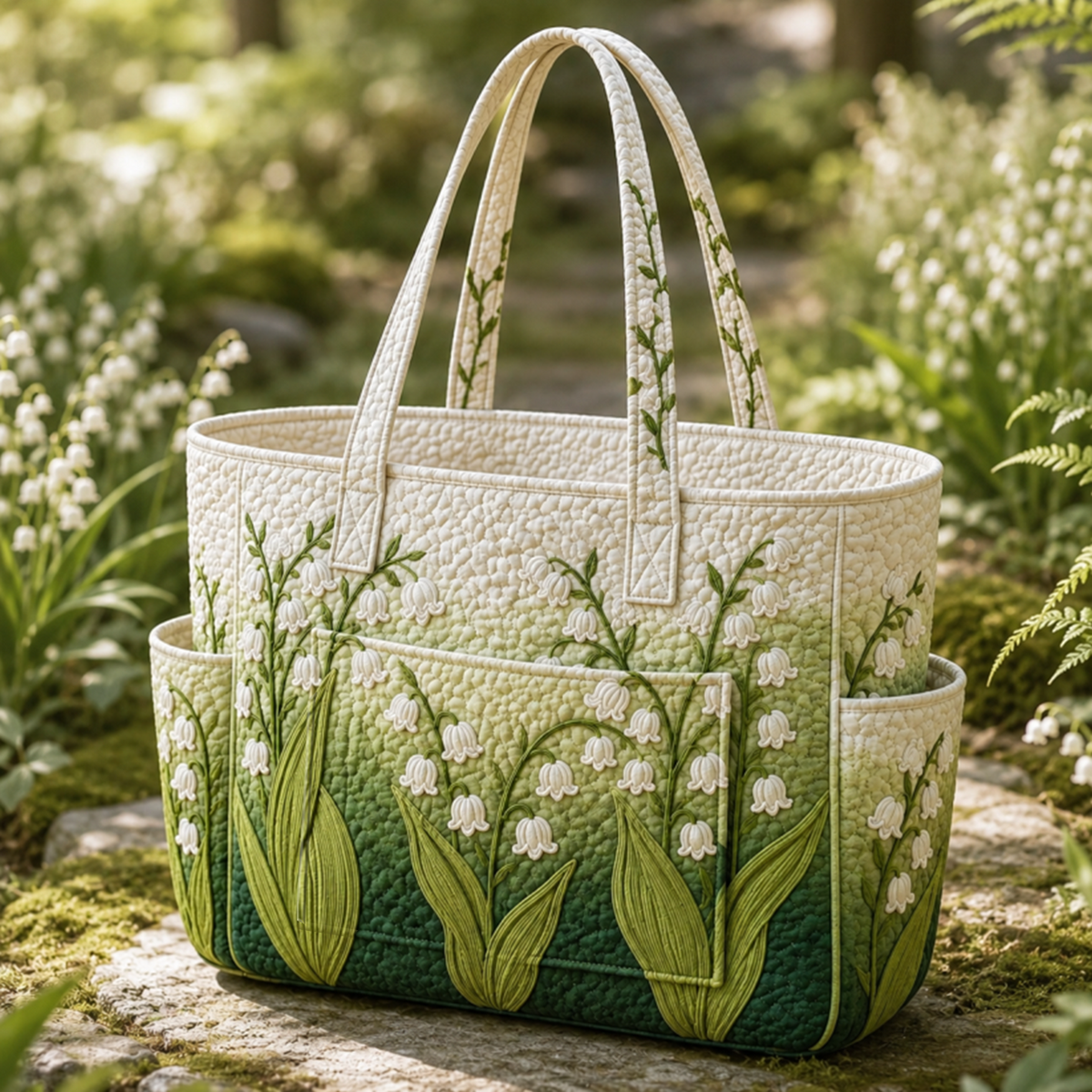 Amélie quilted tote bag in cream and green with lily of the valley design