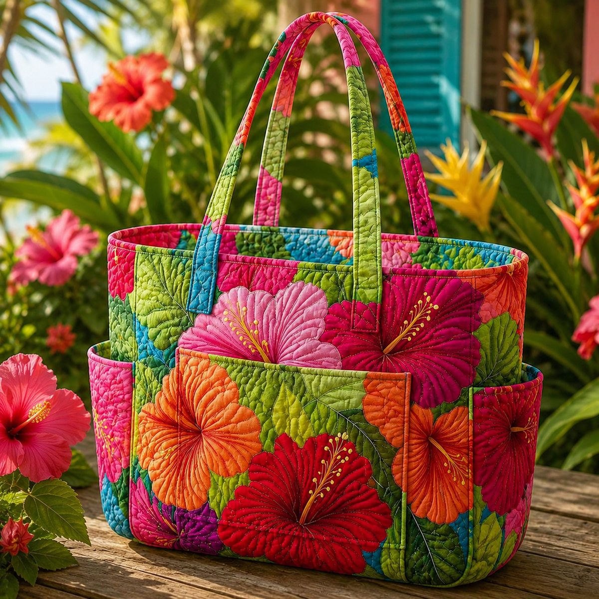 Catherine quilted tote bag with bright hibiscus print, front view with pockets