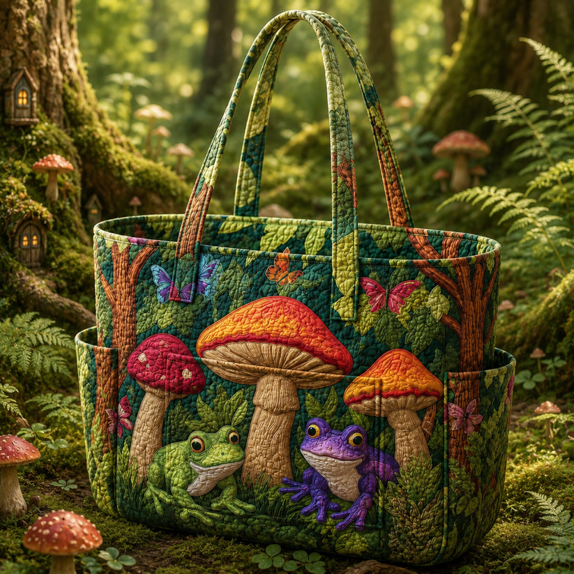 Rosalie quilted tote bag with mushroom, frog and butterfly garden design in green