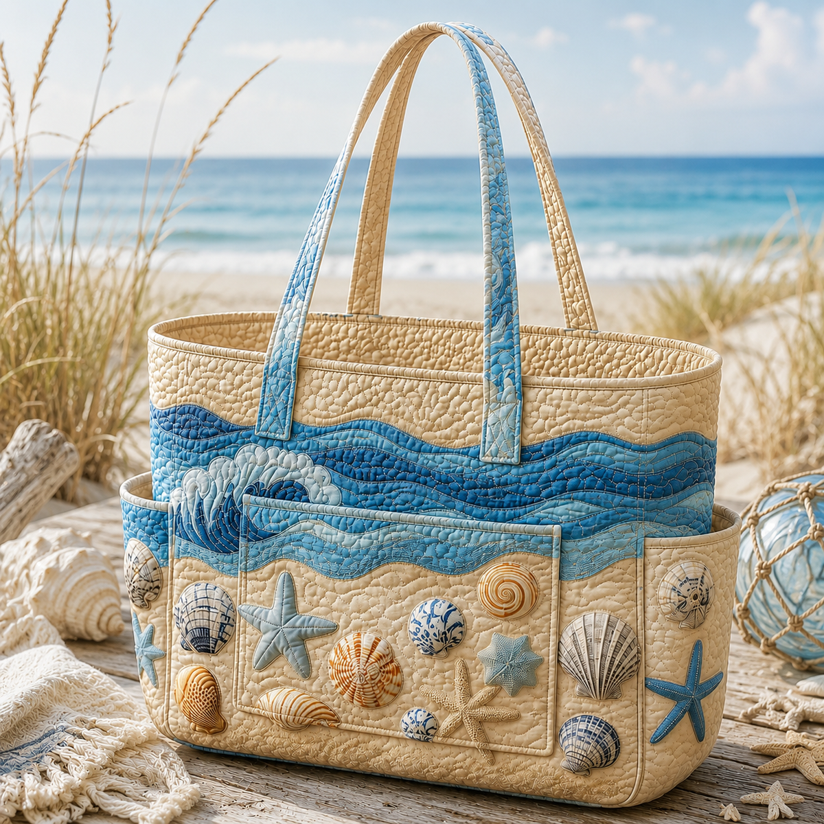 Céleste ocean treasures quilted tote bag in cream and blue, front view on driftwood