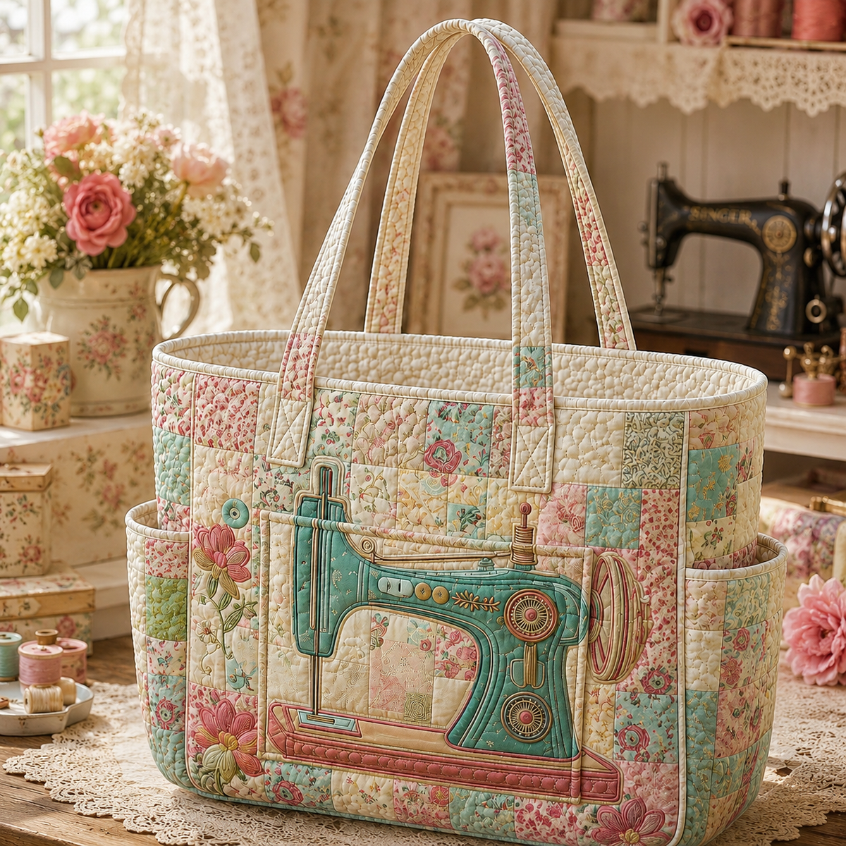 Nadine quilted tote bag with patchwork florals and vintage sewing machine motif, front view
