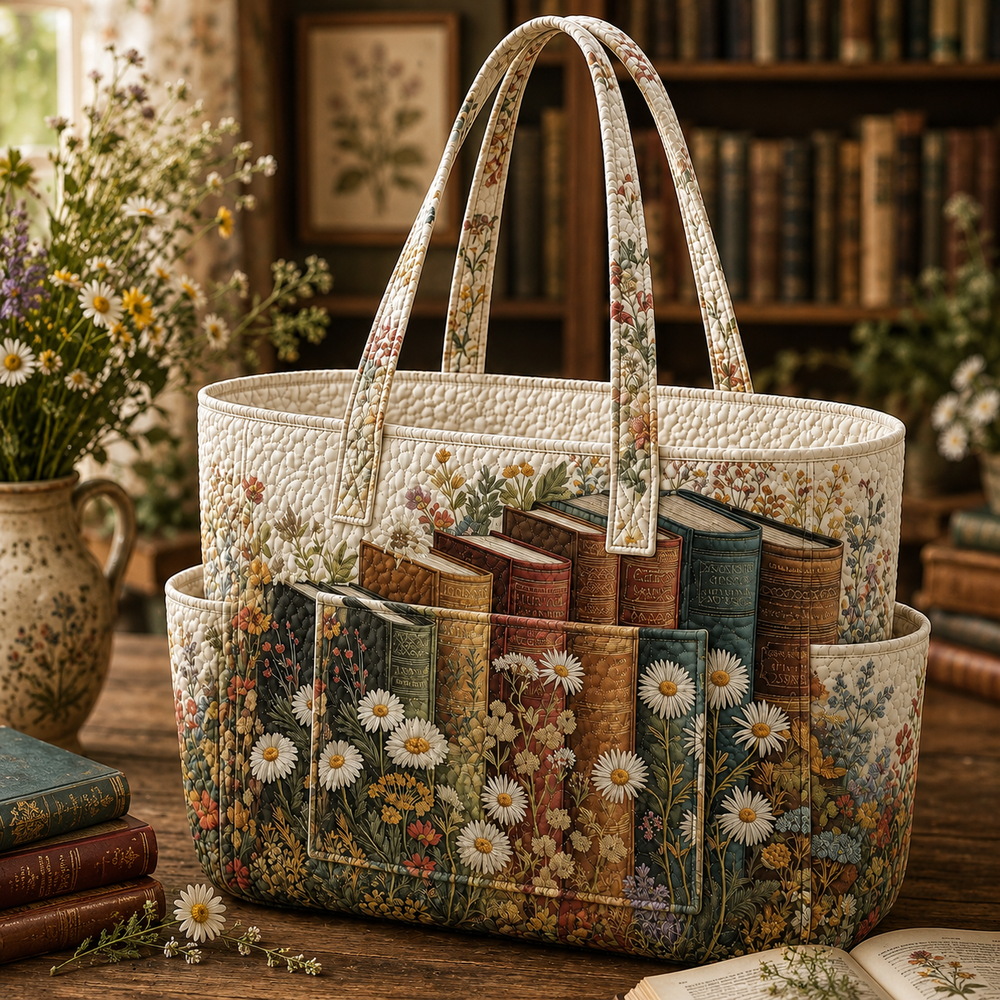 Adèle books tote bag in cream with daisy and book print, front view with handles up