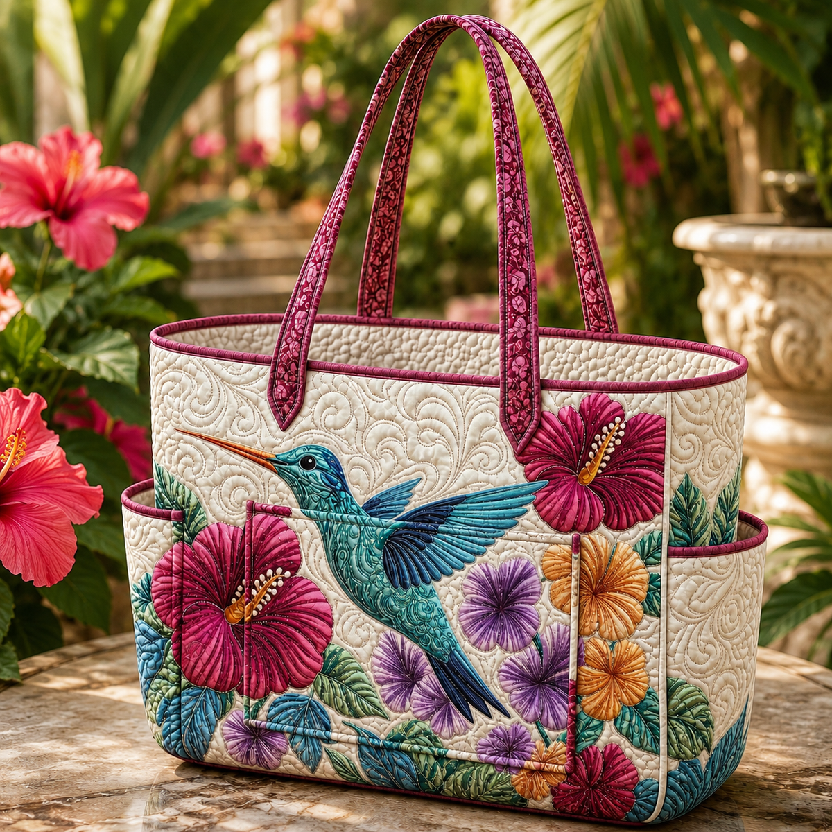 Manon tote bag in cream with turquoise hummingbird and pink floral design, front view